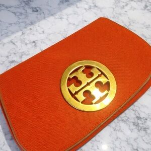 Tory Burch Orange Canvas Wristlet with Gold Logo Accent